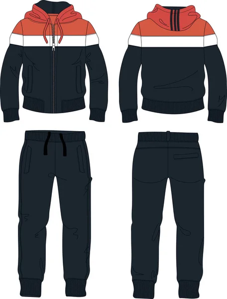 Erkek giysisi, fermuar kapüşonlu ceket, eşofman altı kırmızı şablon.