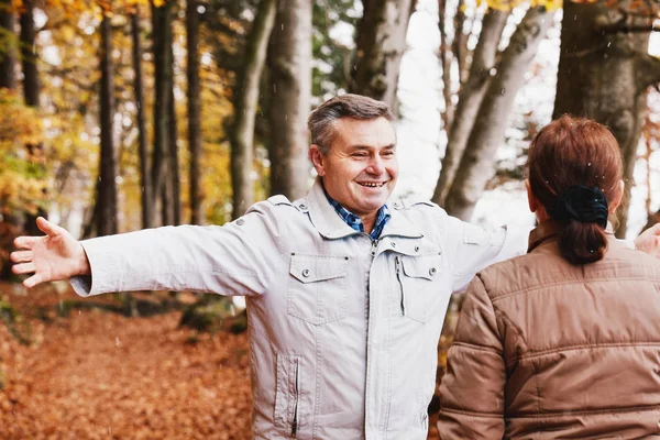 Старшая пара наслаждается осенью в лесу . — стоковое фото
