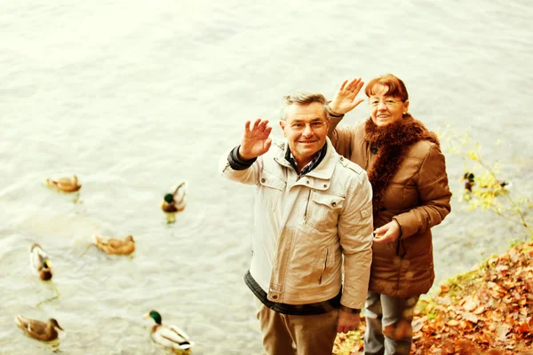 Herbst im kleinen schweizerischen Dorf Spiez. Seniorenpaar. — Stockfoto