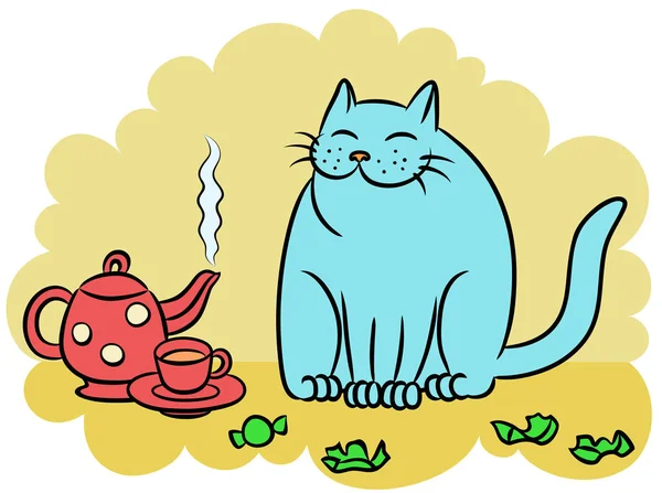 Čaj s blue cat vektorové ilustrace — Stockový vektor