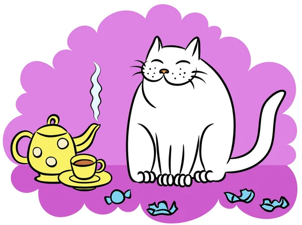 Chá com o gato branco vetor illustratio —  Vetores de Stock