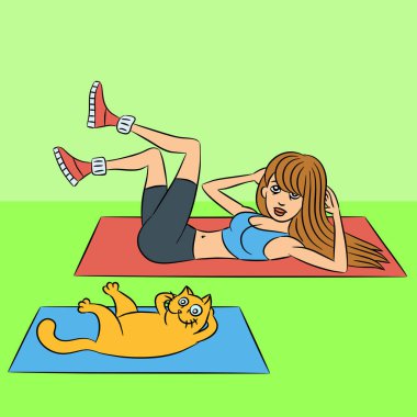Yeşil yalancılık aşağı kedi kızla aerobik egzersizler. Vektör çizim