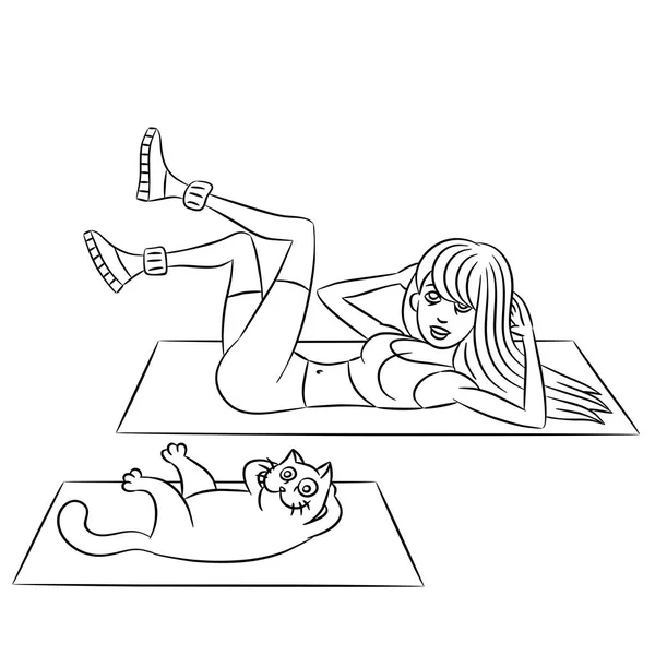 Aerobics met kat. Oefeningen liggend. Vectorillustratie — Stockvector