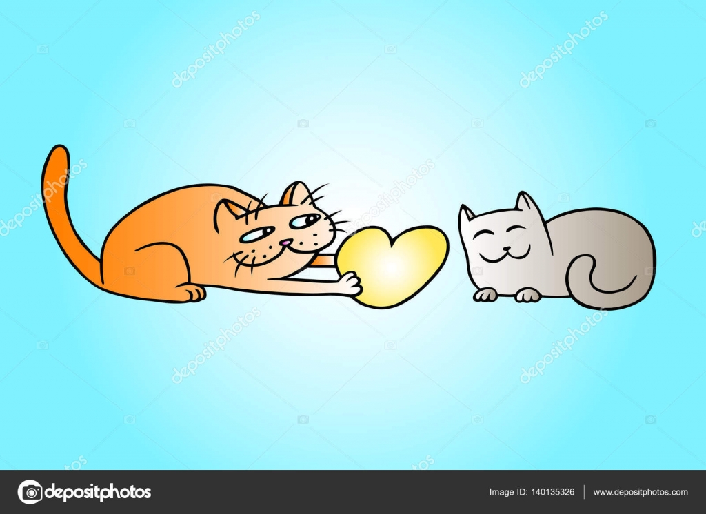 Grigio e arancione carino amore colori gatti il giorno di San Valentino Tomcat d  una gattina di grande cuore rosso su una data Stato d animo romantico
