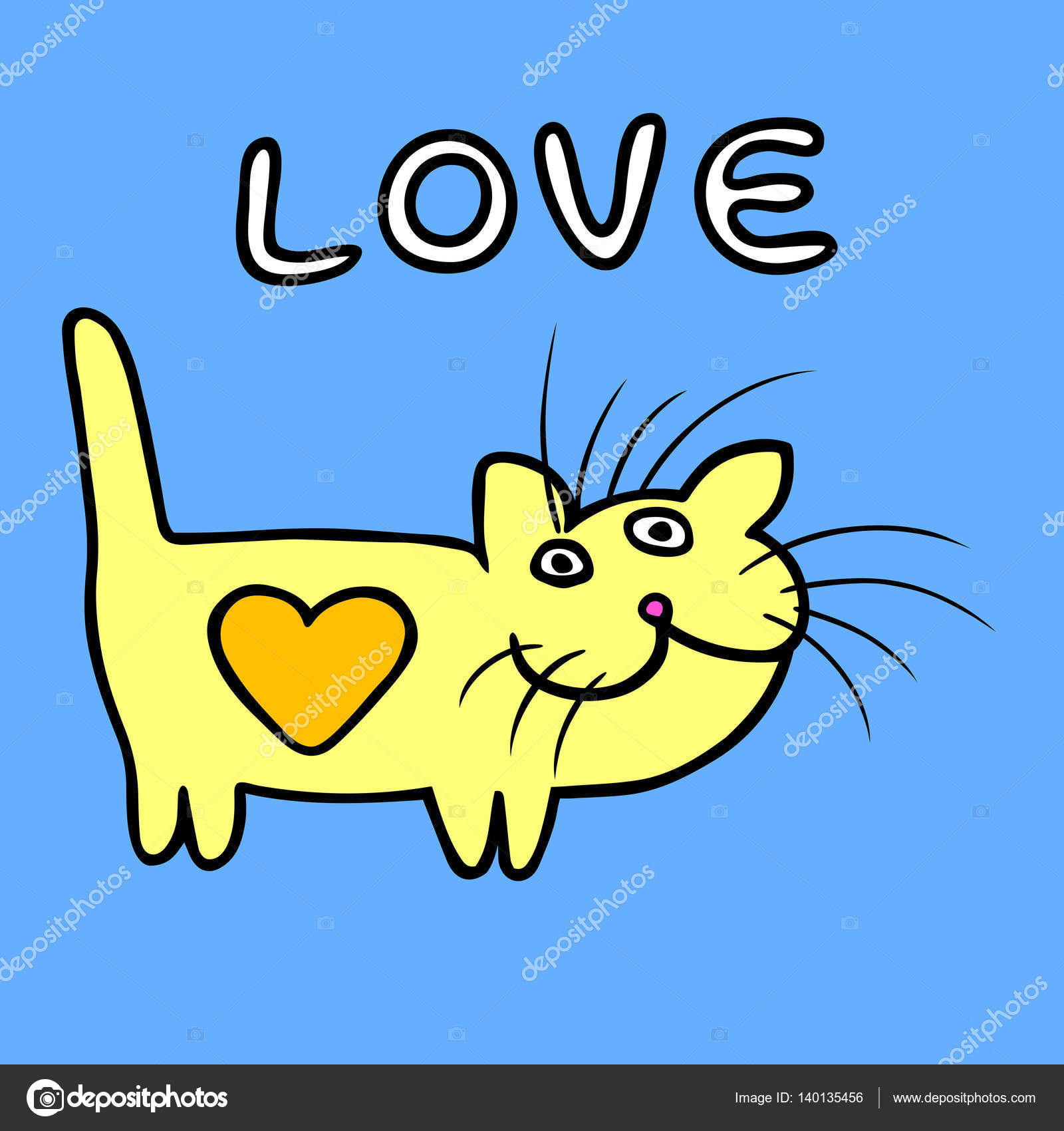 Gatto cuore giallo il giorno di San Valentino Carattere divertente del fumetto d amore fresco Contorno a mano libera digitale disegno simpatico