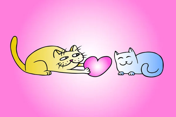 Lindo amor amarillo y azul colores gatos en el día de San Valentín. Tomcat le da un gran corazón rojo pussycat en una cita. Humor romántico. Regalo de todo corazón. Dibujo de esquema digital a mano alzada. Fondo rosa. Ilustración vectorial aislada . — Vector de stock