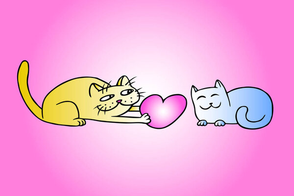 Cute love yellow and blue colors cats on Valentine 's day. Tomcat дает большую красную кошечку на свидание. Романтическое настроение. От всего сердца. Свободный цифровой рисунок контура. Розовый фон. Изолированная векторная иллюстрация
.