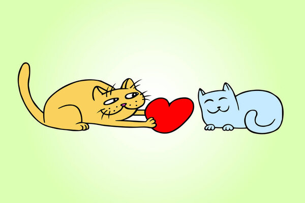 Cute love blue and yellow colors cats on Valentine 's day
 