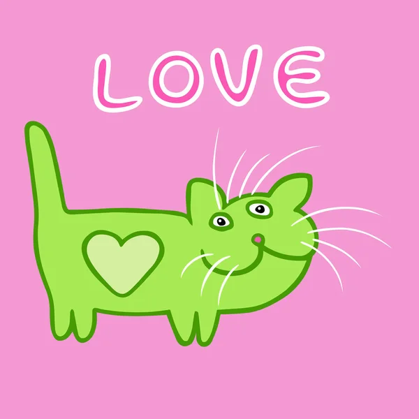플랫 녹색 심장 고양이 발렌타인의 날에. 측면에 심 혼의 형태로 패턴입니다. 컨투어 자유롭게 디지털 드로잉 귀여운 캐릭터입니다. 핑크 컬러 배경입니다. 웹 아이콘 및 축구에 대 한 쾌활 한 애완 동물입니다. 격리 된 벡터 일러스트 레이 션. — 스톡 벡터