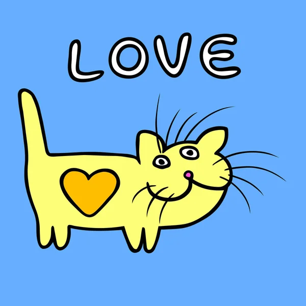 발렌타인의 날에 노란 심장 고양이입니다. 재미 있는 만화 멋진 사랑 문자입니다. 컨투어 자유롭게 디지털 드로잉 귀여운 캐릭터입니다. 파란색 배경입니다. 웹 아이콘 및 축구에 대 한 쾌활 한 애완 동물입니다. 격리 된 벡터 일러스트 레이 션. — 스톡 벡터