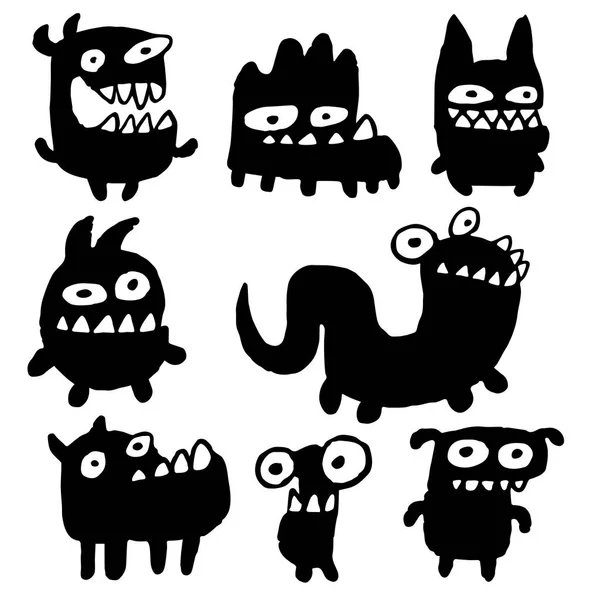 Grappige zwarte platte Monsters. Vectorillustratie. — Stockvector