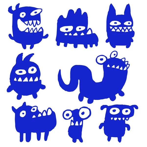 Grappige blauwe vlakke Monsters. Vectorillustratie. — Stockvector