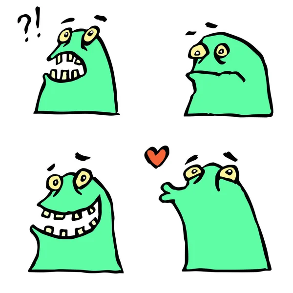 Conjunto de Emoticones de Monstruo Verde.Divertida Dibujos Animados Personaje Fresco.Vector Ilustración . — Vector de stock