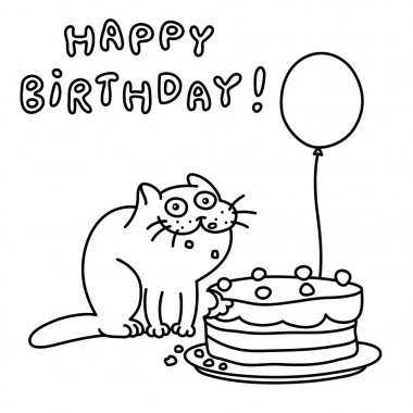 Bir kek ve bir balon ile komik kedi. Vektör çizim