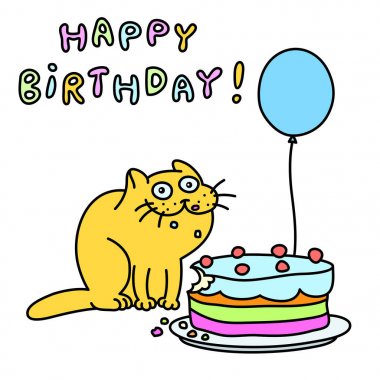 Bir kek ve bir balon ile komik kedi. Vektör çizim