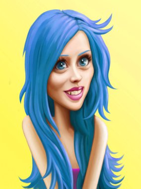 Sevimli mavi saçlı kız. Komik karikatür çizimi.