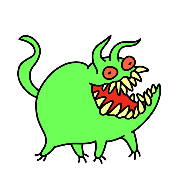 Funny mignon monstre vert sourit et court. Illustration vectorielle . — Image vectorielle