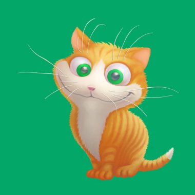 Zencefil kedi oturma ve gülümseyerek. Karikatür Çizim.