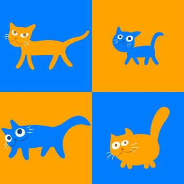 Neşeli sarı mavi kedi ikinci vektör çizim Set
