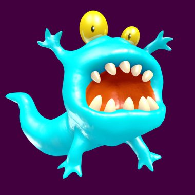 Şirin mavi iribaş canavar. 3D çizim.