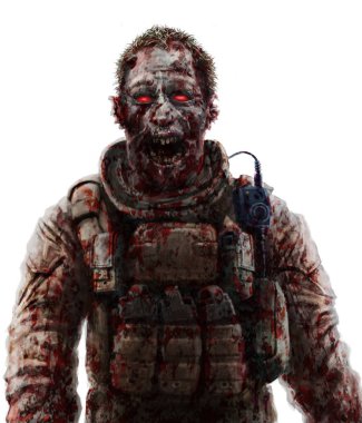 Zombi asker Not kavramı. Korku illüstrasyon çizim. Korkunç karakter yüz resmi.