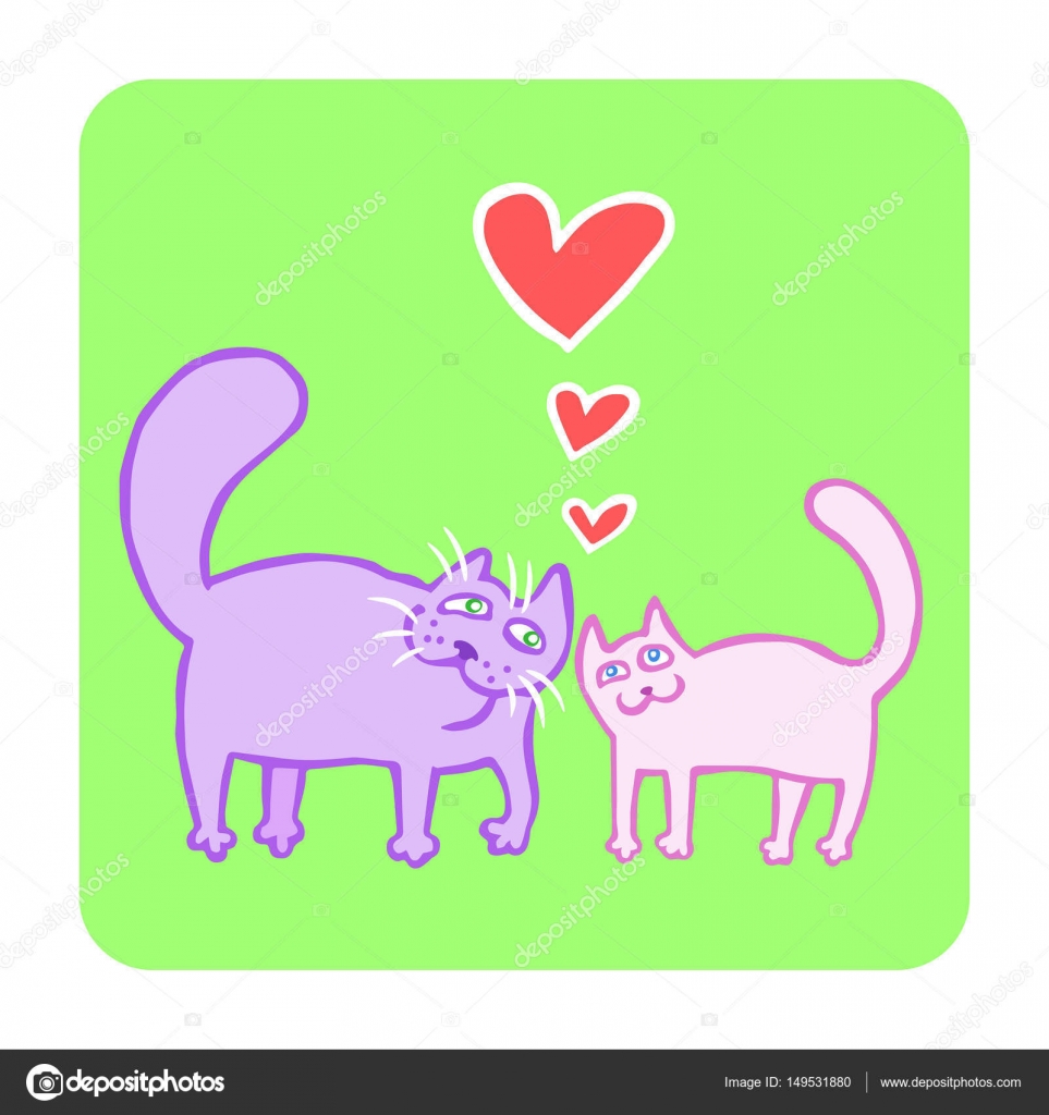 Cartone animato innamorati gatti nei colori rosa e viola Stato d animo romantico Amore carina Disegno di un assieme digitale a mano libera