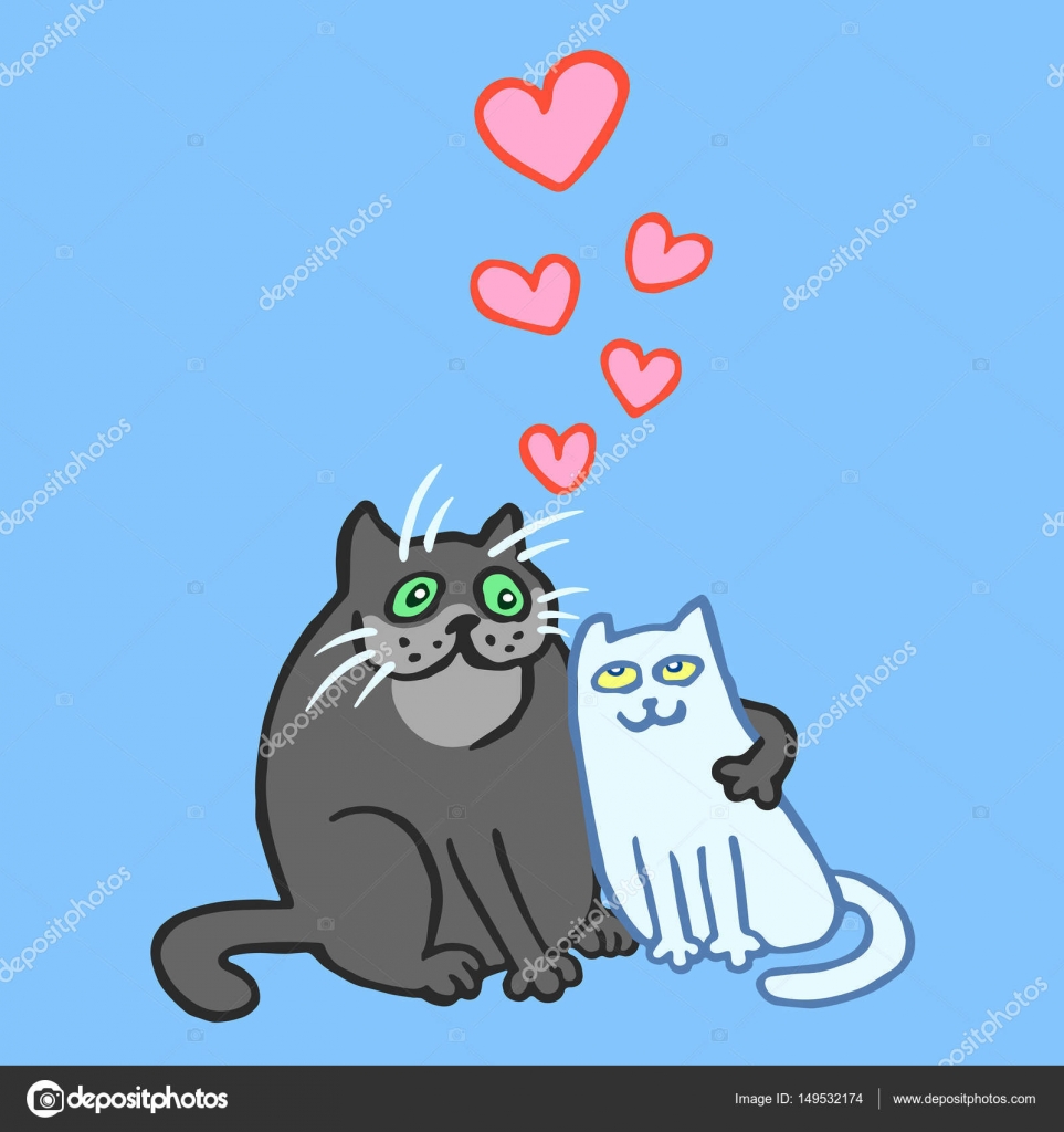 Dolce innamorata gatti nei colori grigi e blu Stato d animo romantico Amore carina Disegno di un assieme digitale a mano libera