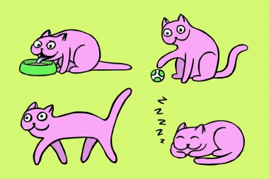 Pembe kedicik ifadeler kümesi. İzole vektör çizim.