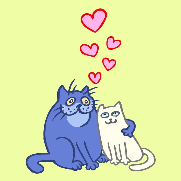Γλυκό ερωτευμένος γάτες σε κίτρινο και μπλε χρώματα. Εικονογράφηση διάνυσμα. — Διανυσματικό Αρχείο