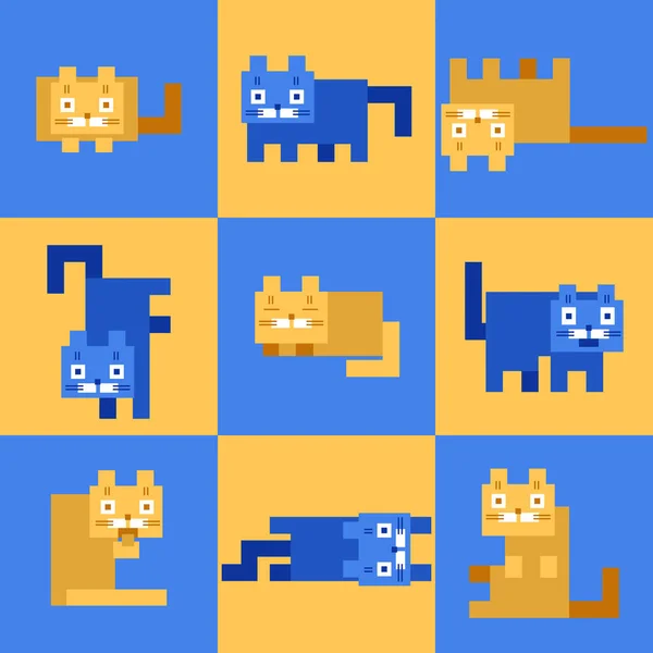 Canto plano amarelo gatos azuis no fundo do mosaico. Ilustração vetorial — Vetor de Stock