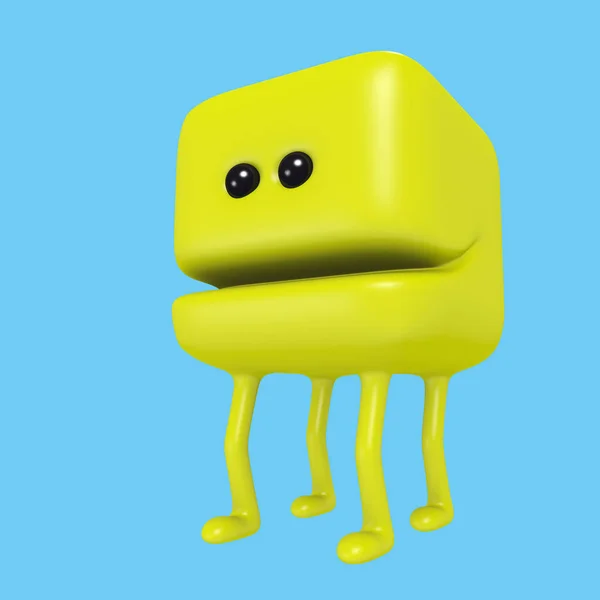 Cartoon monster smiling yellow cube on legs. 3D illustration. — Stock Photo, Image