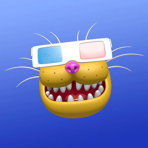 Funny smiling orange cat muzzle in 3d glasses. 3D illustration.