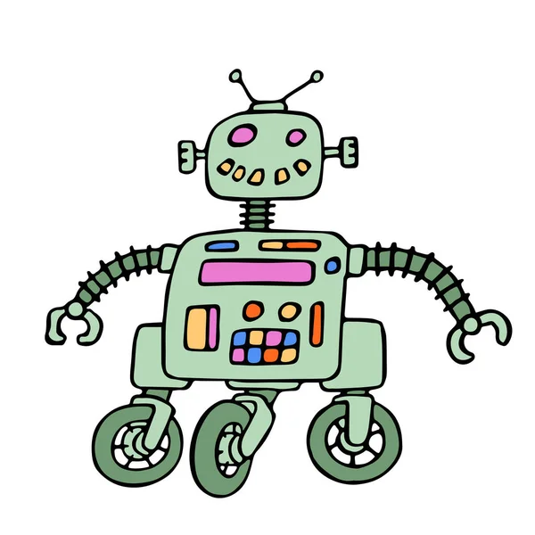 赤目と車輪の上の面白いロボット。ベクトル図. — ストックベクタ