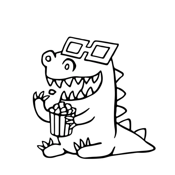 Zeichentrickdrache in Stereogläsern und einer Schachtel Popcorn. Vektorillustration. — Stockvektor