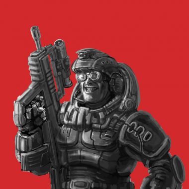 Bir makineli tüfek ile fantastik takım elbise gülümseyen trooper. Vektör çizim.