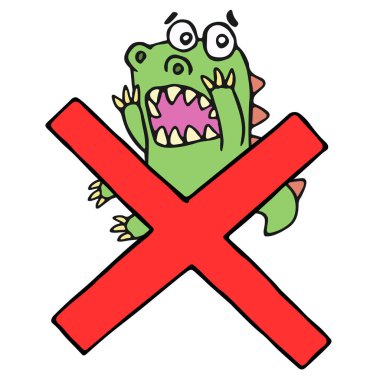 Komik korkmuş dinozor ve Kızıl Haç işareti. Vektör çizim