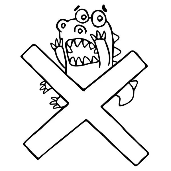 Dessin animé dragon funky et grande marque de croix. Illustration vectorielle . — Image vectorielle