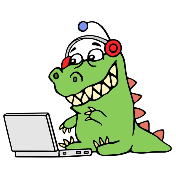 Dinossauro verde dos desenhos animados sentado no laptop prata. Ilustração vetorial . — Vetor de Stock