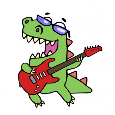 Rock yıldız dinozor elektro gitar çalmak. Vektör çizim.