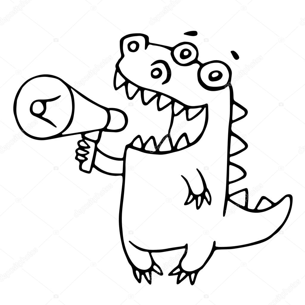 Cartoon dragon says in speakerphone. Vector illustration.