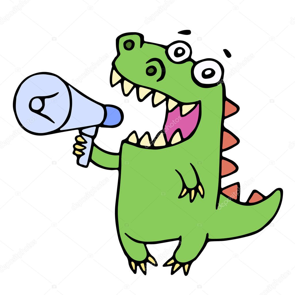 Funny smiling dinosaur shouting in megaphone. Vector illustration.