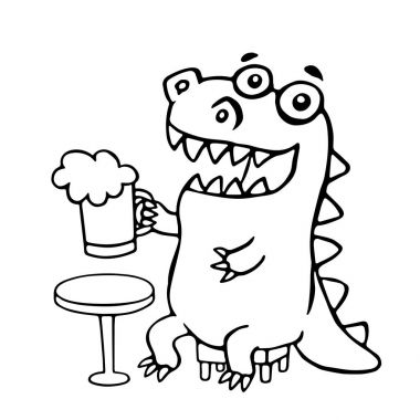 Bir bardak bira ile oturan ejderha. Vektör çizim.