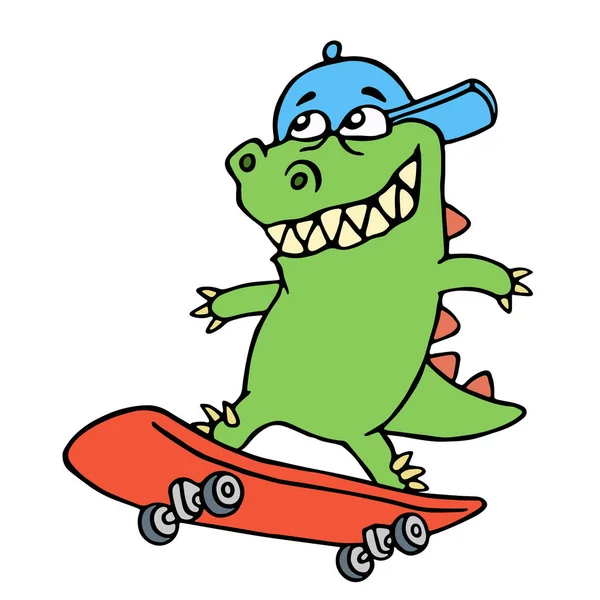 Dolly cartoon dragon in a cap rides on a skateboard. Vector illustration. — Stock Vector