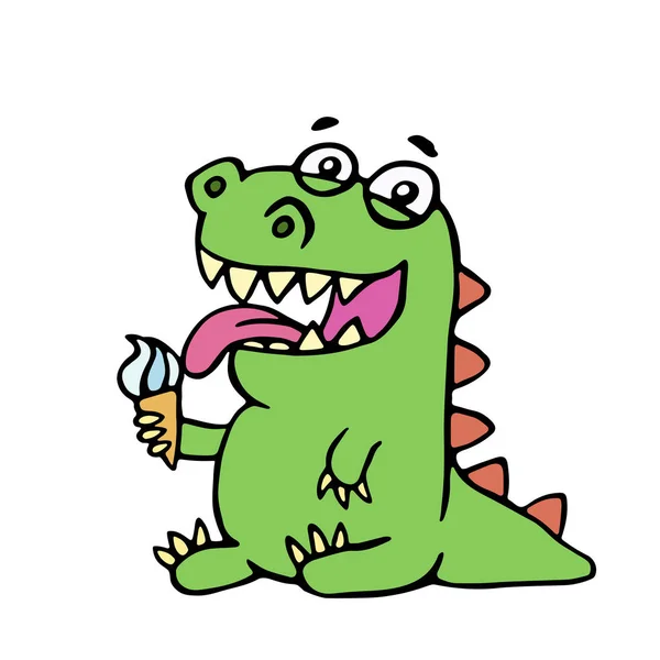 Милый динозавр ест мороженое. векторная иллюстрация — стоковый вектор