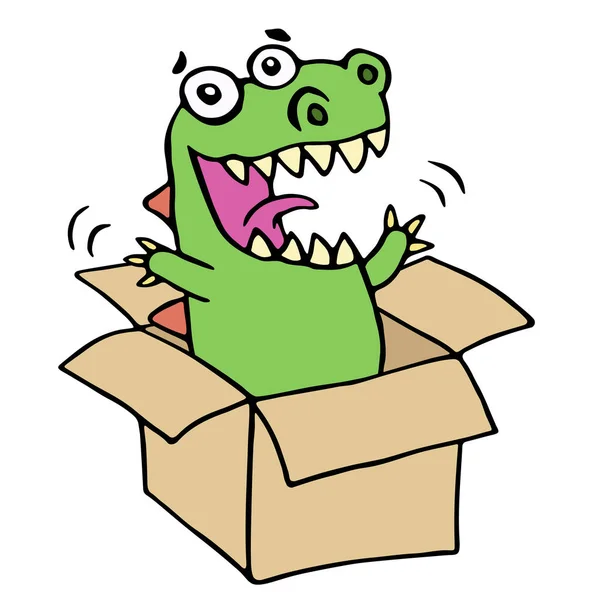 Um dinossauro engraçado saltou da caixa. Ilustração vetorial . — Vetor de Stock