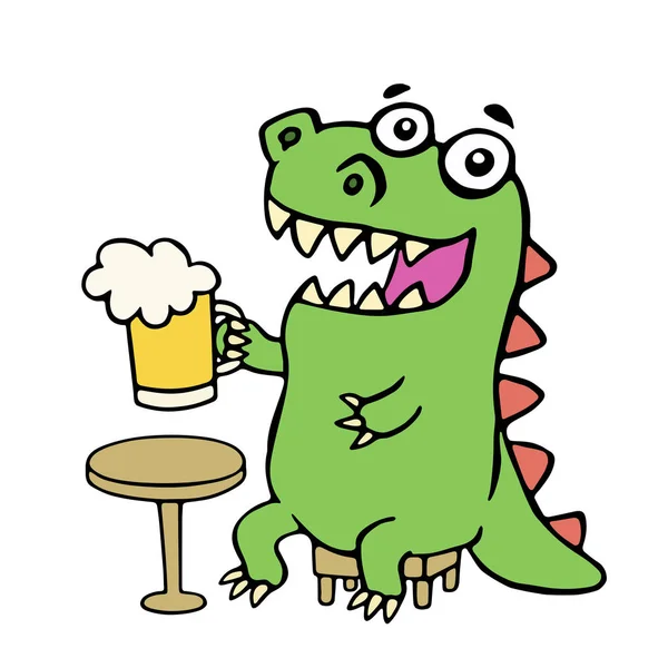 Divertido dinosaurio sentado con una taza de cerveza. Ilustración vectorial . — Vector de stock