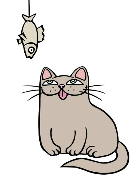 Leuke grijze kat zit en kijkt naar de hangende gedroogde vis. Vectorillustratie. — Stockvector