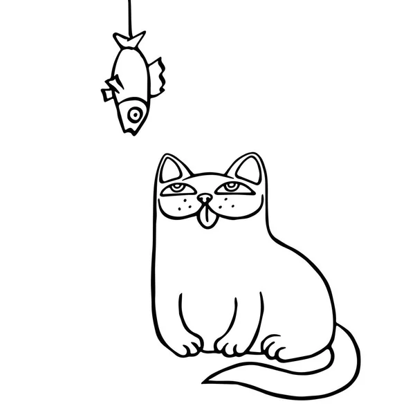Karikatür kedi oturur ve asılı kurutulmuş balık görünüyor. Vektör çizim. — Stok Vektör