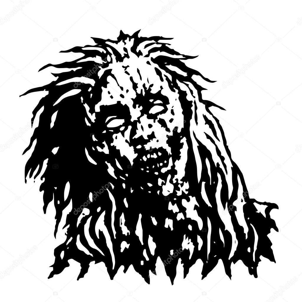 Dreadful head of zombie girl. Vector illustration.