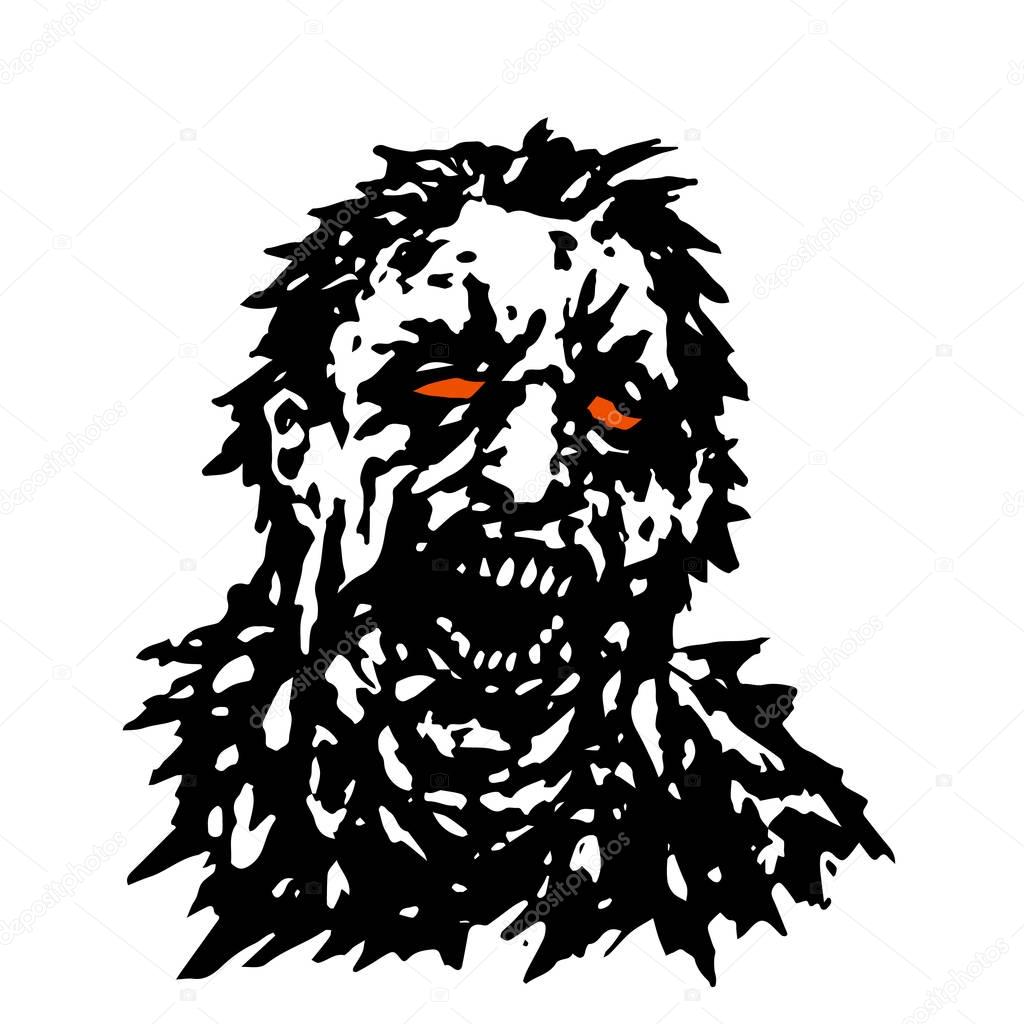 Rampage zombie. Vector illustration. Black and white colors.
